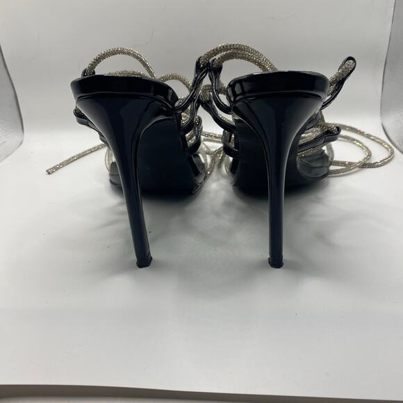 Olivia Jaymes Rhinestone Lace Up Heels Black Patent Clear Strap Size 8 formal - Picture 4 of 6